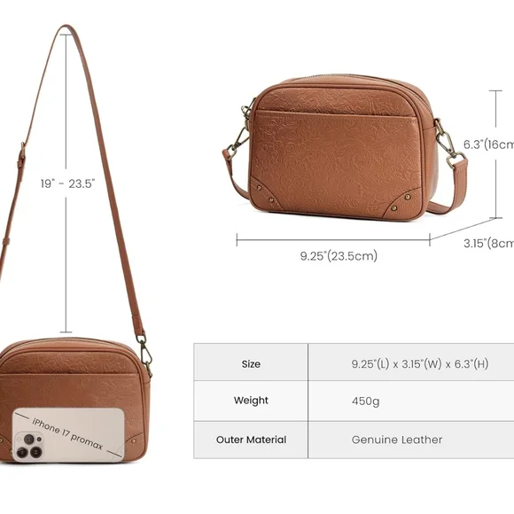 Embossed Leather Crossbody Purse - RFID Handbag - NWT Brown - Picture 3 of 5